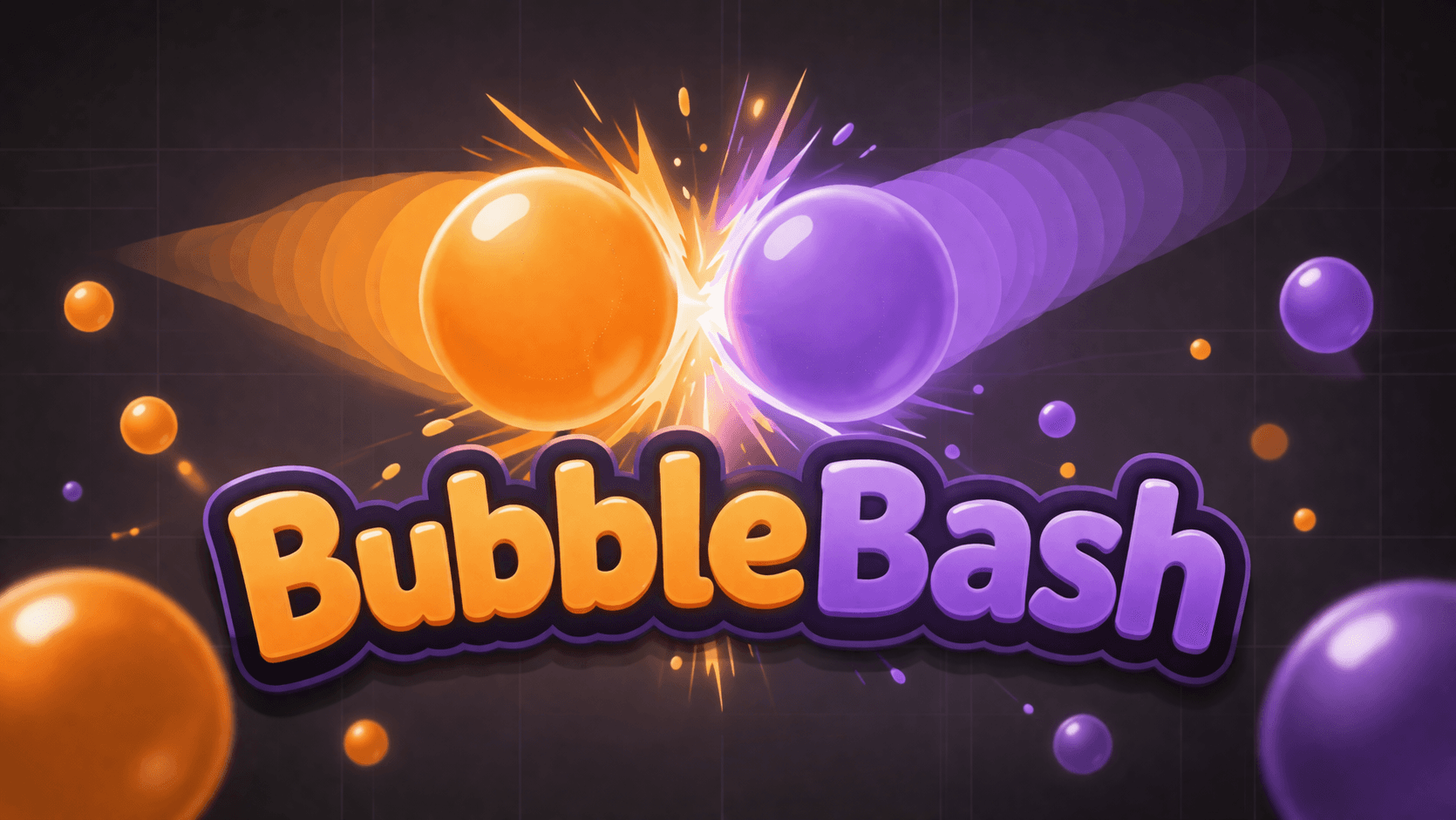 BubbleBash thumbnail with orange and purple bubbles colliding behind the game logo.