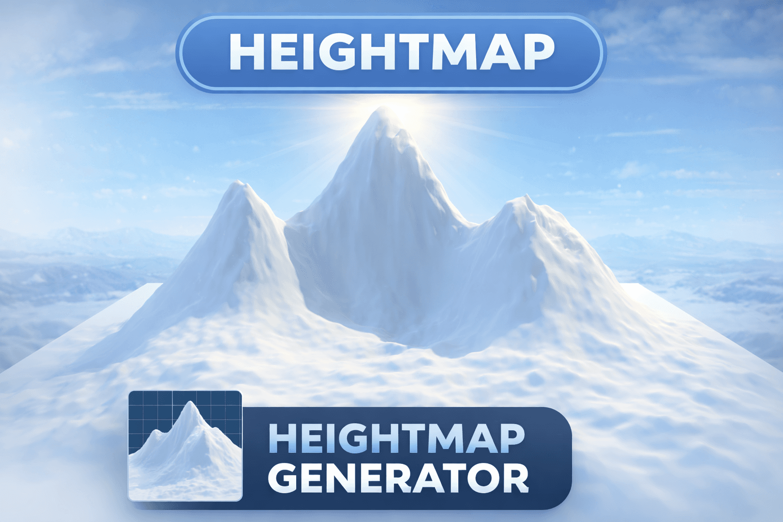 Heightmap Generator thumbnail showing snowy mountain peaks under a bright sky.